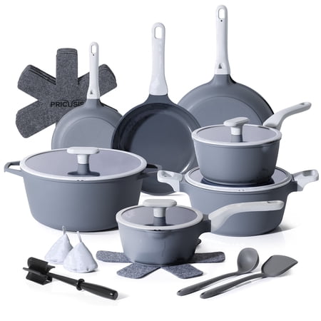 PRICUSIS Ceramic Nonstick 21 PCS Cookware Set, Frying Pan & Sauce Pan & Stockpot, Blueberry Gray