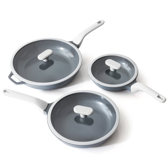 PRICUSIS 8PCS Nonstick Ceramic Frying Pan Set with Lid, 8+10+12 In Induction Compatible, Stay Cool Handle, Fully Coated, 100% Dishwasher Safe, Omelet Pans, Blueberry Gray