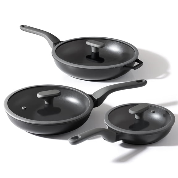 PRICUSIS 8PCS Nonstick Cookware Set, 8+10+12 in Frying Pans with Lid, Swiss ILAG Coating, Induction Compatible, Stay Cool Handle, Fully Coated, 100% Dishwasher Safe, Warp Resistant, Black Sesame