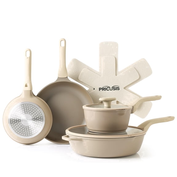 PRICUSIS Nonstick 9 PCS Cookware Set, Non Toxic Frying Pan & Sauce Pan & Saute Pan, Induction Compatible & Dishwasher Safe