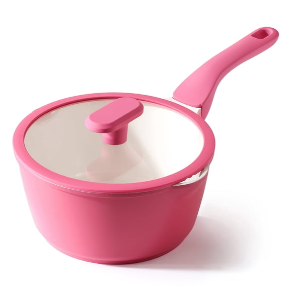 PRICUSIS Nonstick Saucepan with Lid, 2.7 Quart Non Toxic Pot with Pour Spouts, Full Coated, 100% Dishwasher Safe, Induction Compatible, Raspberry Red