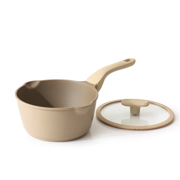 PRICUSIS Nonstick Saucepan with Lid, 2.7 Quart Sauce Pan, Healthy Sauce Pot with Pour Spouts for Multipurpose Use, Natural Linen