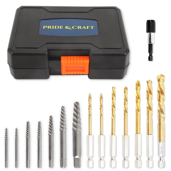 PRIDE&CRAFT 15Pcs Screw Extractor Set, Easy Out Bolt Extractor and HSS Steel Cobalt Left Hand Drill Bit Kit, Stripped Screw Extractor with 1/4'' Adapter for Broken Bolts, Screws and Studs
