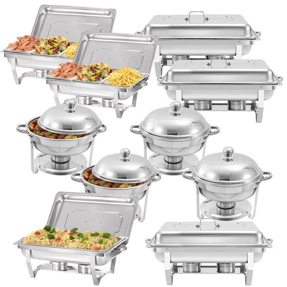 PRIJESSE 10 Pack Chafing Dish Rectangular 8QT 1/3 Pan×4+Round 6QT×4+Full Pan×2 Chafers Stainless Steel Catering Buffet Warmer Set for Parties,Events,Wedding,Dinner