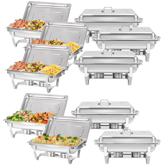 PRIJESSE 10 Pack Chafing Dish Rectangular 8QT 1/3 Pan×6+Half Pan×2+Full Pan×2 Chafers Stainless Steel Catering Buffet Warmer Set for Parties,Events,Wedding,Dinner