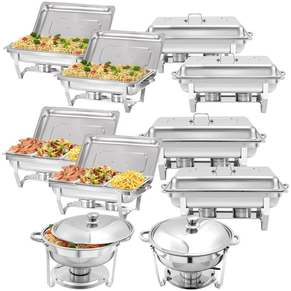 PRIJESSE 10 Pack Chafing Dish Rectangular 8QT Full Pan×4+1/3 Pan×4+Round 5QT×2 Chafers Stainless Steel Catering Buffet Warmer Set for Parties,Events,Wedding,Dinner