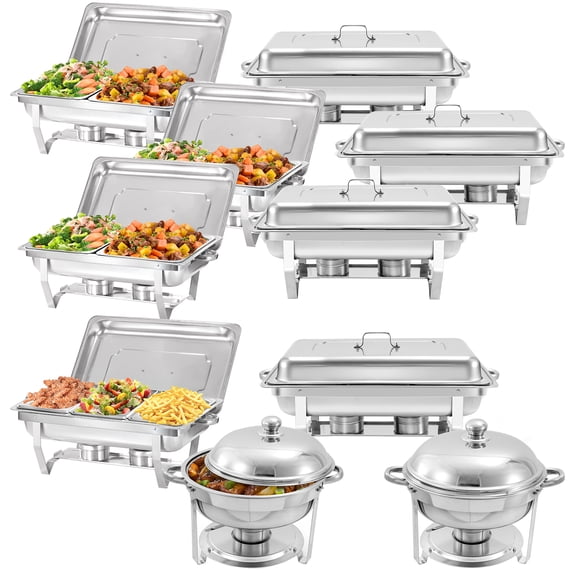 PRIJESSE 10 Pack Chafing Dish Rectangular 8QT Half Pan×6+1/3 Pan×2+Round 6QT×2 Chafers Stainless Steel Catering Buffet Warmer Set for Parties,Events,Wedding,Dinner