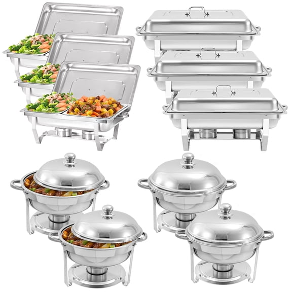 PRIJESSE 10 Pack Chafing Dish Rectangular 8QT Half Pan×6+Round 6QT×4 Chafers Stainless Steel Catering Buffet Warmer Set for Parties,Events,Wedding,Dinner