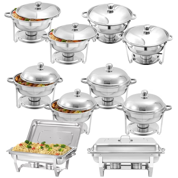 PRIJESSE 10 Pack Chafing Dish Round 5QT×4+Round 6QT×4+Full Pan×2 Chafers Stainless Steel Catering Buffet Warmer Set for Parties,Events,Wedding,Dinner