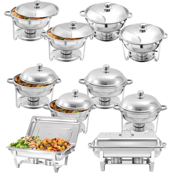 PRIJESSE 10 Pack Chafing Dish Round 5QT×4+Round 6QT×4+Half Pan×2 Chafers Stainless Steel Catering Buffet Warmer Set for Parties,Events,Wedding,Dinner