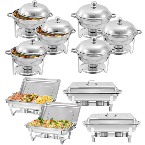 PRIJESSE 10 Pack Chafing Dish Round 6QT×6+Rectangular 8QT 1/3 Pan×2+Full Pan×2 Chafers Stainless Steel Catering Buffet Warmer Set for Parties,Events,Wedding,Dinner
