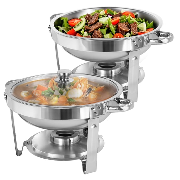 PRIJESSE 2 PACK Chafing Dish Buffet Set with glass lid, 5Qt Round Stainless Steel Chafer for Catering,Buffet Servers and Warmers Set, Silver