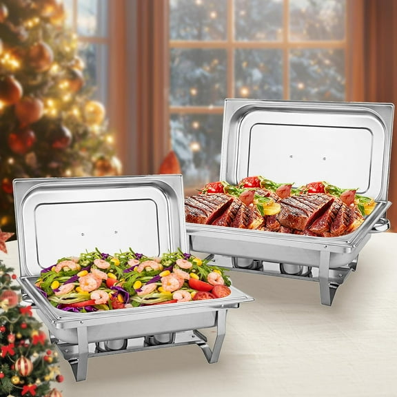 PRIJESSE 2 Pack Chafing Dish Buffet Set, 8QT Buffet Servers and Warmers Chaffing Servers Stainless Steel with Full Size Food Pan, Rectangular Food Warmers for Parties Buffets