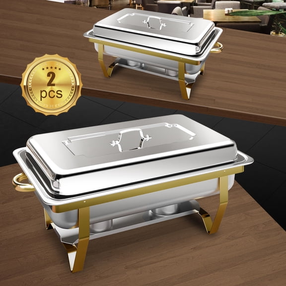 PRIJESSE 2 Pack Chafing Dishes for Buffet Set, Stainless Steel Catering Chafers, Serving Food Warmer with Lid, gold full pan