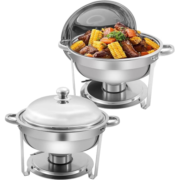 PRIJESSE 2 Pack Round Chafing Dish Buffet Set, Stainless Steel 6 QT Food Warmer Chafer with Water & Food Pan,Cover and Fuel Holder, Buffet Stove for Catering, Silver