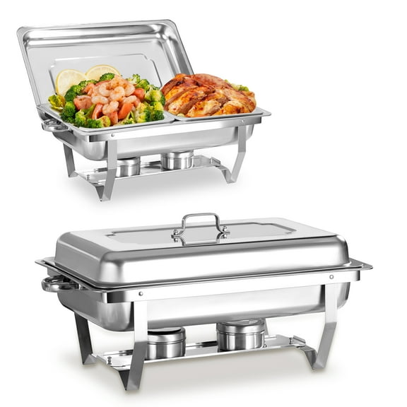 PRIJESSE 2 SET-4 PANS Chafing Dish Buffet Set, 9 Qt Stainless Steel Chafer Buffet Servers and Warmers Sets with Lid Folding Frame, Rectangular Chafing Dishes for Parties Catering Events