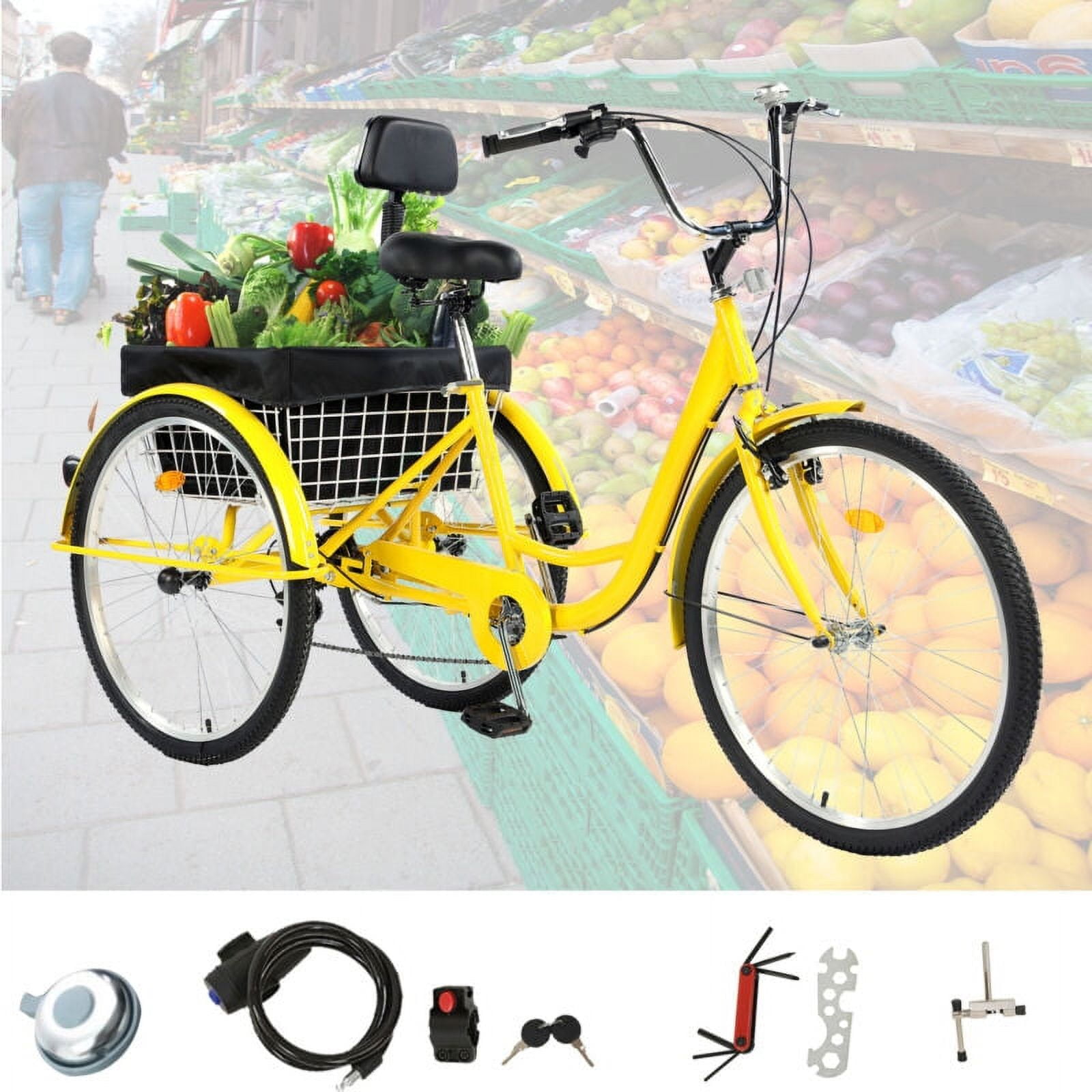 PRIJESSE 26 Inch Adult s 3 Wheeler Trike 7 Speed Multifunctional for Shopping Travel w Basket Yellow Walmart