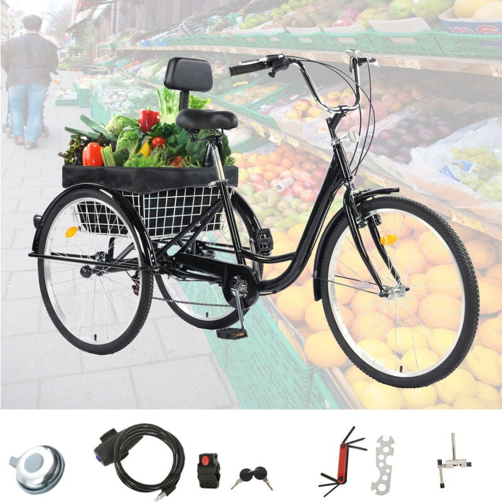 PRIJESSE 26inch Adults Tricycle 7-Speed w/ Basket Three Wheel Bike for Until 95 (Black)