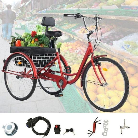 PRIJESSE 26 Inch Adults Tricycle 7-Speed for Shopping and Travel with basket Multifunctional and Practical 3-Wheel Bike(Red)