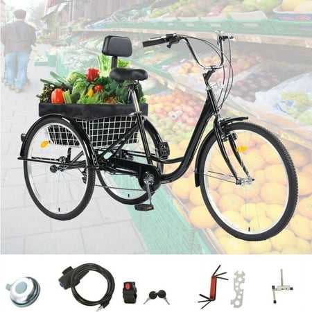 PRIJESSE 26inch Adults Tricycle 7-Speed w/ Basket Three Wheel Bike for Until 95 (Black)