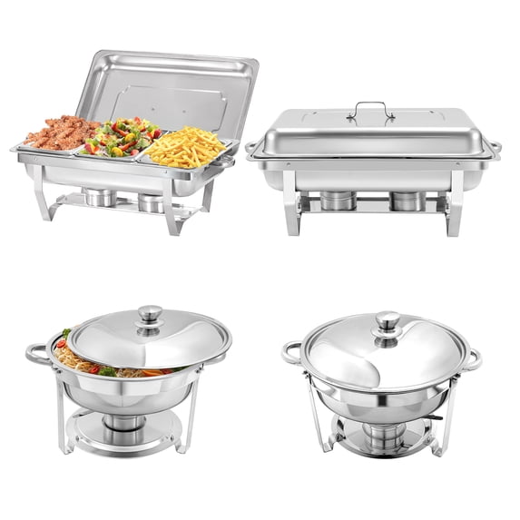 PRIJESSE 4 Pack Chafing Dish Round 5QT×2+Rectangular 1/3 pan×2 Chafers Stainless Steel Catering Buffet Warmer Set for Parties,Events,Wedding,Dinner
