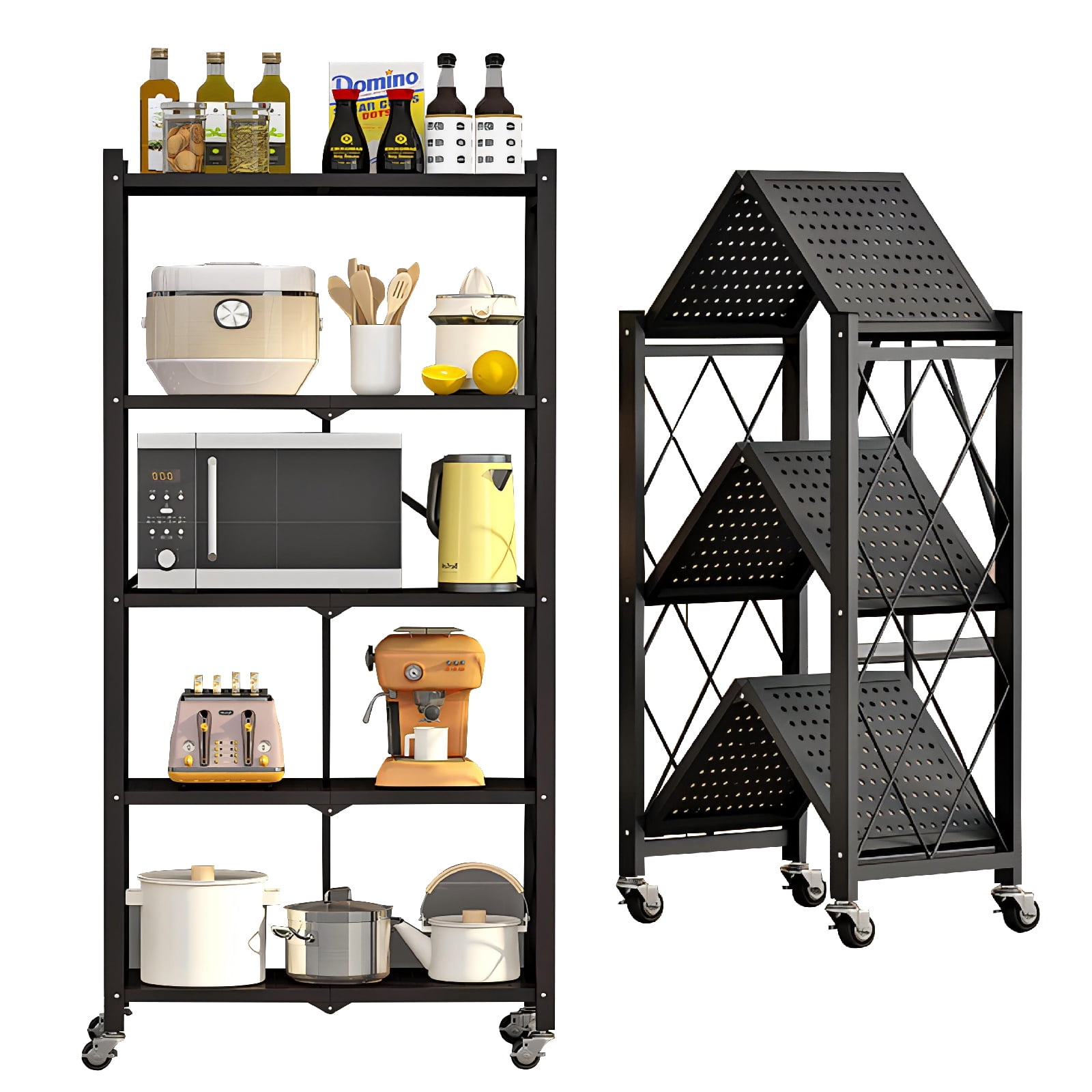 SUGIFT Black 5 Tier Foldable Metal Storage Shelf With Wheels Heavy Duty Rolling Organizer Rack For Kitchen Living Room Office No Assembly