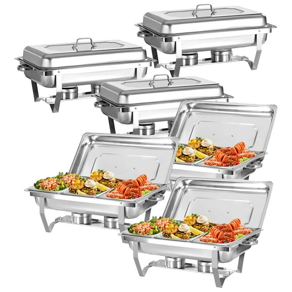 PRIJESSE 6-Pack Chafing Dish Buffet Set, 9 Qt Stainless Steel Foldable Catering Food Warmer Half Size Food Pan
