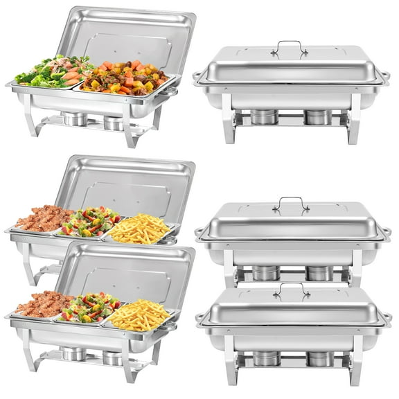 PRIJESSE 6 Pack Chafing Dish Rectangular Half pan×2+1/3 pan×4 Chafers Stainless Steel Catering Buffet Warmer Set for Parties,Events,Wedding,Dinner