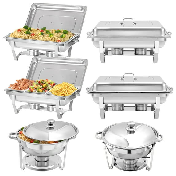 PRIJESSE 6 Pack Chafing Dish Rectangular full pan×2+1/3 pan×2+round 5QT×2 Chafers Stainless Steel Catering Buffet Warmer Set for Parties,Events,Wedding,Dinner