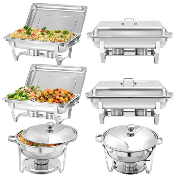 PRIJESSE 6 Pack Chafing Dish Rectangular full pan×2+half pan×2+round 5QT×2 Chafers Stainless Steel Catering Buffet Warmer Set for Parties,Events,Wedding,Dinner
