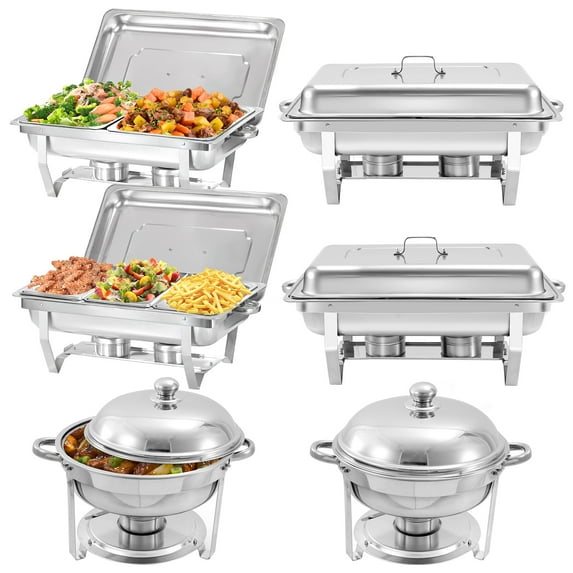 PRIJESSE 6 Pack Chafing Dish Rectangular half pan×2+1/3 pan×2+round 6QT×2 Chafers Stainless Steel Catering Buffet Warmer Set for Parties,Events,Wedding,Dinner
