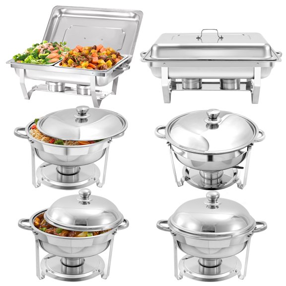 PRIJESSE 6 Pack Chafing Dish Rectangular half pan×2+round 5QT×2+round 6QT×2 Chafers Stainless Steel Catering Buffet Warmer Set for Parties,Events,Wedding,Dinner