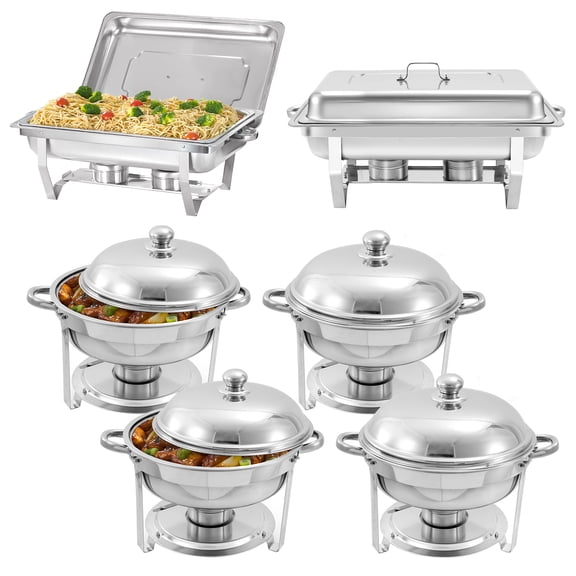 PRIJESSE 6 Pack Chafing Dish Round 6QT×4+Rectangular full pan×2 Chafers Stainless Steel Catering Buffet Warmer Set for Parties,Events,Wedding,Dinner