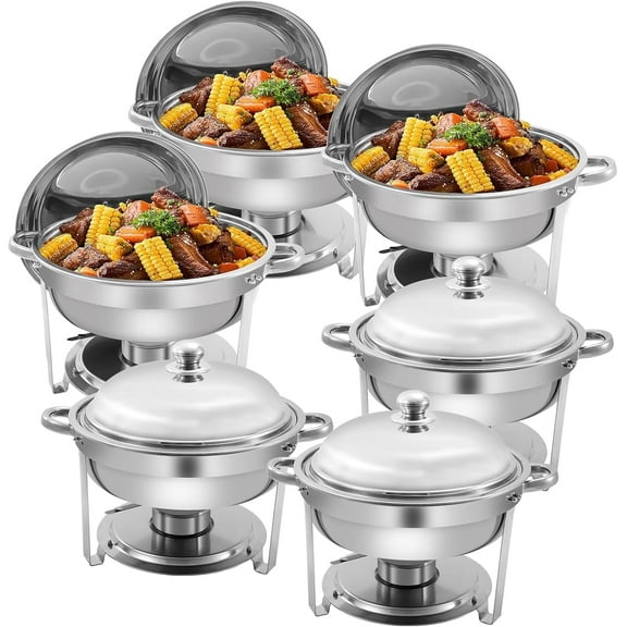 PRIJESSE 6 Pack Round Chafing Dish Buffet Set, Stainless Steel 6 QT Food Warmer Chafer with Water & Food Pan,Cover and Fuel Holder, Buffet Stove for Catering, Silver