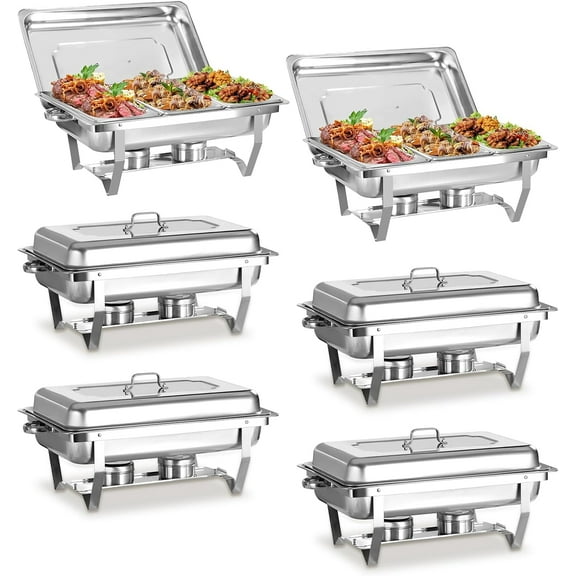 PRIJESSE 6 Packs 8 Quart Stainless Steel Catering Chafer and Buffet Warmer Set with 3 Food Pans for Parties