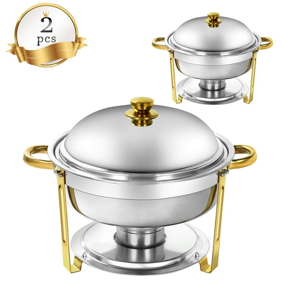 PRIJESSE 6 Qt Gold Chafing Dishes for Buffet with Stainless Steel Lid, Round Chafing Dish Buffet Set with Food and Water Pans for Catering, Parties, Hotels and Weddings, 2 Pack