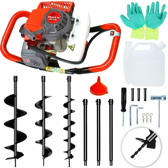 PRIJESSE 62CC Auger Post Hole Digger with 3 Auger Drill Bits(3" & 5 & 8") + 3 Extension Rods(24" & 24" & 24"), Gas Powered 2-Stroke Earth Digger for Orchard Farm Garden Plant