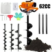 PRIJESSE 62cc 2.1KW Post Hole Digger Gas Powered Earth Digger with 3 Extension Rods + 3 Auger Drill Bits (3" 5" & 8")