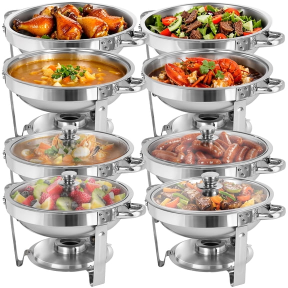 PRIJESSE 8 PACK Chafing Dish Buffet Set with glass lid, 5Qt Round Stainless Steel Chafer for Catering,Buffet Servers and Warmers Set, Silver