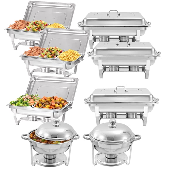 PRIJESSE 8 Pack Chafing Dish Rectangular 8QT 1/3 pan×4+Half pan×2+Round 6QT×2 Chafers Stainless Steel Catering Buffet Warmer Set for Parties,Events,Wedding,Dinner