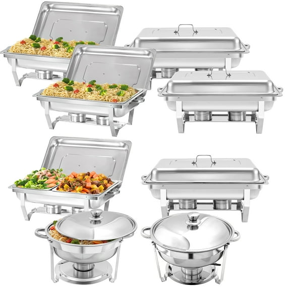 PRIJESSE 8 Pack Chafing Dish Rectangular 8QT Full pan×4+Half pan×2+Round 5QT×2 Chafers Stainless Steel Catering Buffet Warmer Set for Parties,Events,Wedding,Dinner