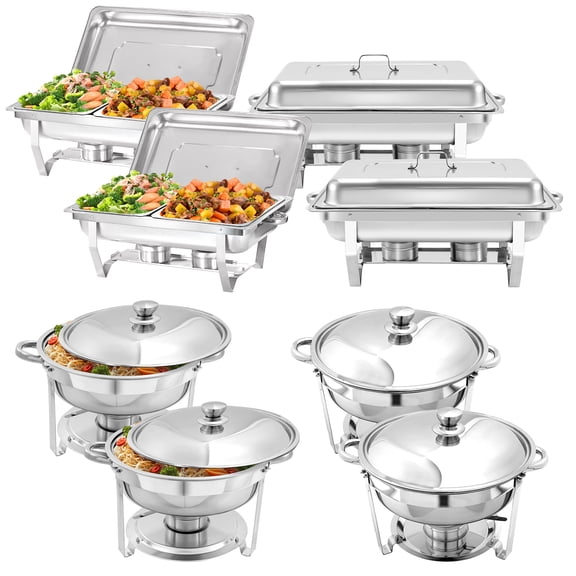 PRIJESSE 8 Pack Chafing Dish Round 5QT×4+Rectangular Half Pan×4 Chafers Stainless Steel Catering Buffet Warmer Set for Parties,Events,Wedding,Dinner