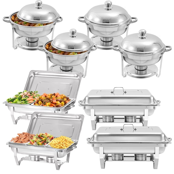PRIJESSE 8 Pack Chafing Dish Round 6QT×4+Rectangular 8QT Half pan×2+1/3 Pan×2 Chafers Stainless Steel Catering Buffet Warmer Set for Parties,Events,Wedding,Dinner