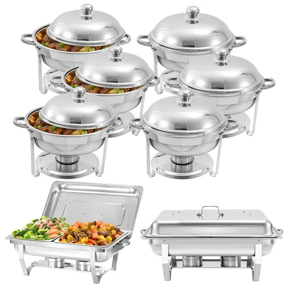 PRIJESSE 8 Pack Chafing Dish Round 6QT×6+Rectangular 8QT Half Pan×2 Chafers Stainless Steel Catering Buffet Warmer Set for Parties,Events,Wedding,Dinner
