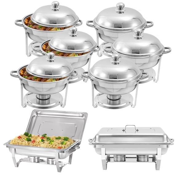 PRIJESSE 8 Pack Chafing Dish Round 6QT×6+Rectangular Full Pan×2 Chafers Stainless Steel Catering Buffet Warmer Set for Parties,Events,Wedding,Dinner