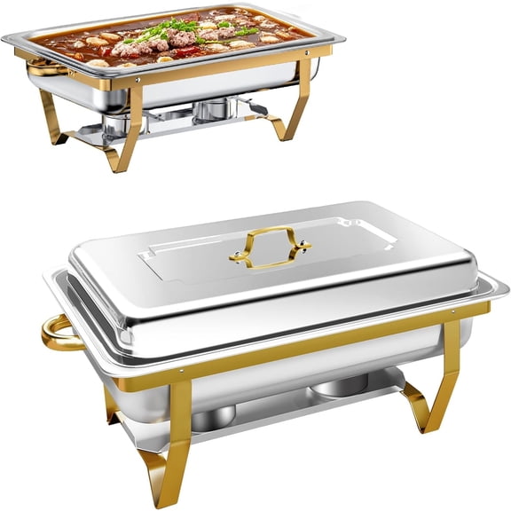 PRIJESSE 9 QT Chafing Dishes for Buffet [Gold Colors] Stainless Steel Buffet Warmers Set 2 Pack Rolled-Edge Design Chafing Dishes for Buffet for Wedding 1/1 size pan