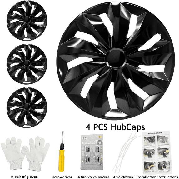 PRIJESSE Wheel Covers & Hub Caps ABS Glossy Black, 4 Pack