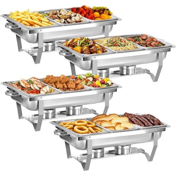 PRIJESSE Chafing Dish 4 Packs 9 Qt Foldable Rectangular Chafer Set, Stainless Steel Buffet Catering Warmer Set 1/3 PAN