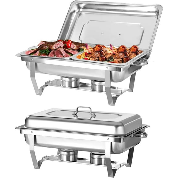 PRIJESSE Chafing Dish Buffet Set 2 Pack, Chafing Dishes for Buffet with 1/2 Size Food Pan, 9 QT Chafing Dish Set with Foldable Frame for Buffets Banquets