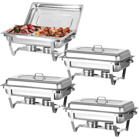 PRIJESSE Chafing Dish Buffet Set 4 Pack, Chafing Dishes for Buffet with 1/2 Size Food Pan, 9 QT Chafing Dish Set with Foldable Frame for Buffets Banquets